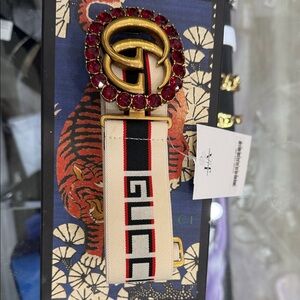 Gucci Beige Belt with Red Gem Gold Buckle